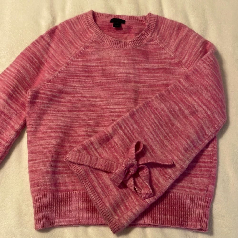 J. Crew Pink Marled Crewneck Sweater with Tie Sleeve Detail